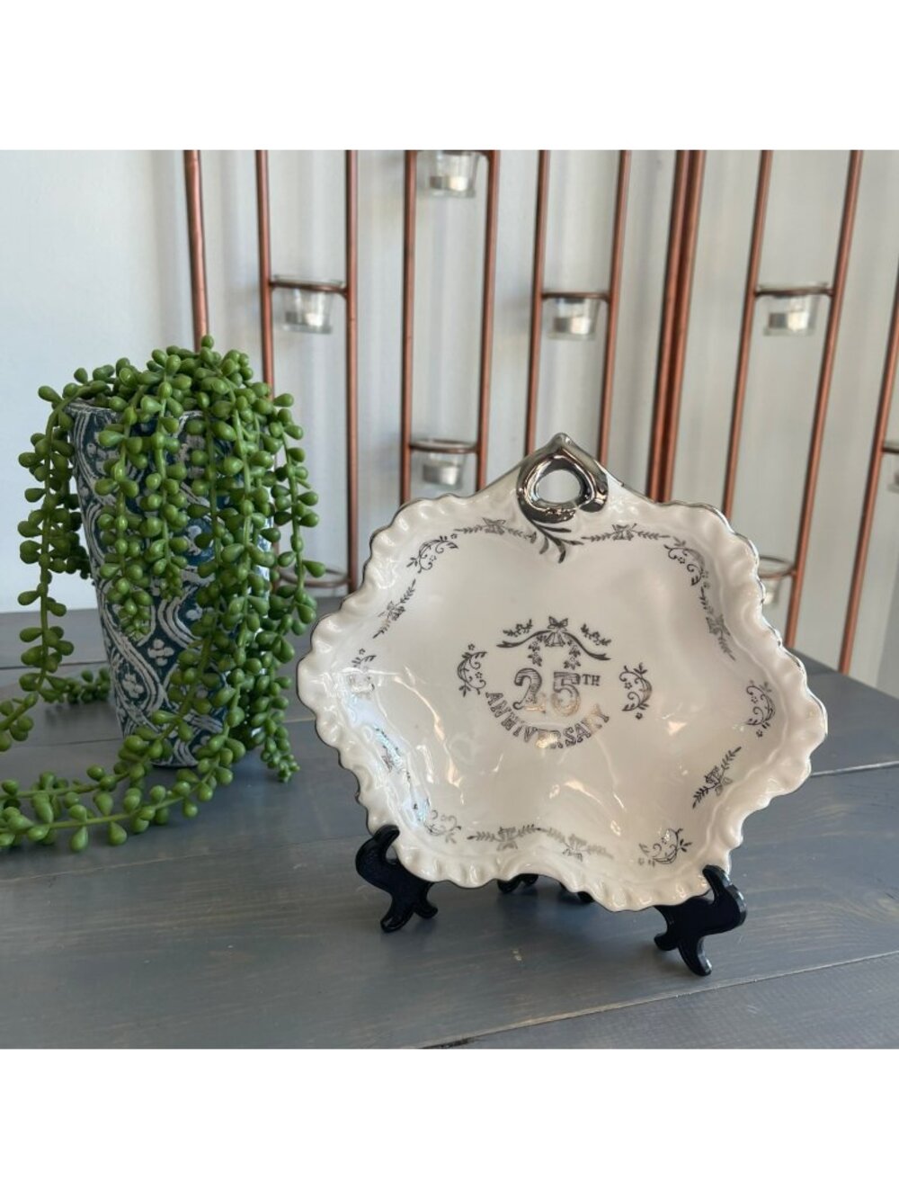 Vintage 25th Anniversary Decorative Porcelain China Bowl Hand Painted Silver